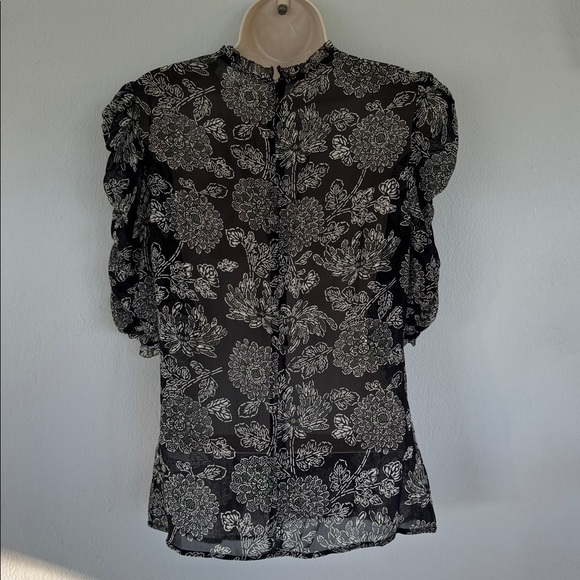 Veronica Beard Natuka black green sheer floral print ruffle trim blouse size 4 - Picture 8 of 16